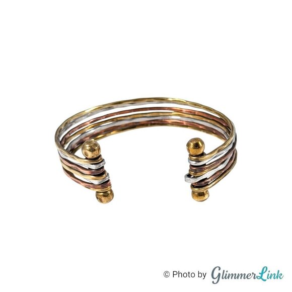 Tri Color 7 Band Hammered Metal Cuff Bracelet - Picture 7 of 8